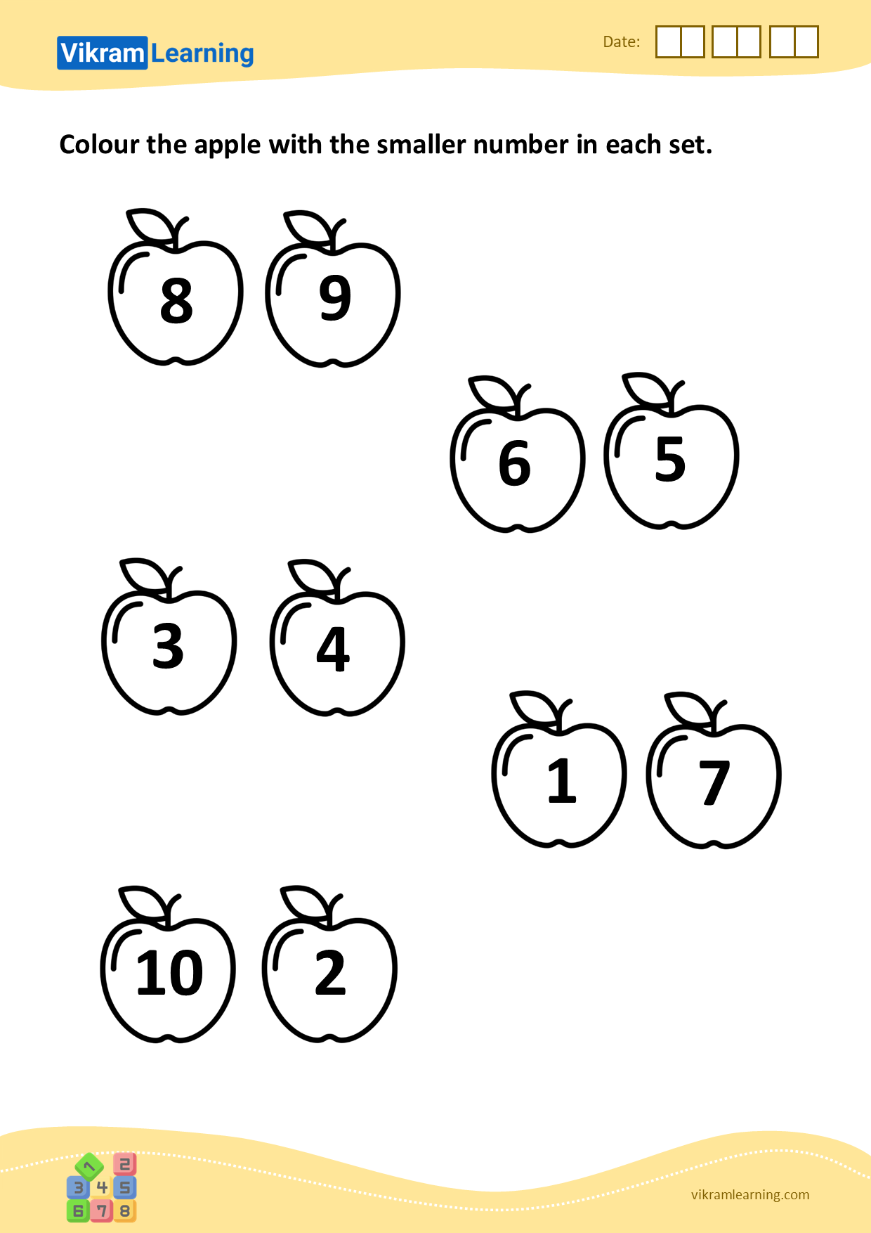 Download colour the apple with the smaller number in each set worksheets