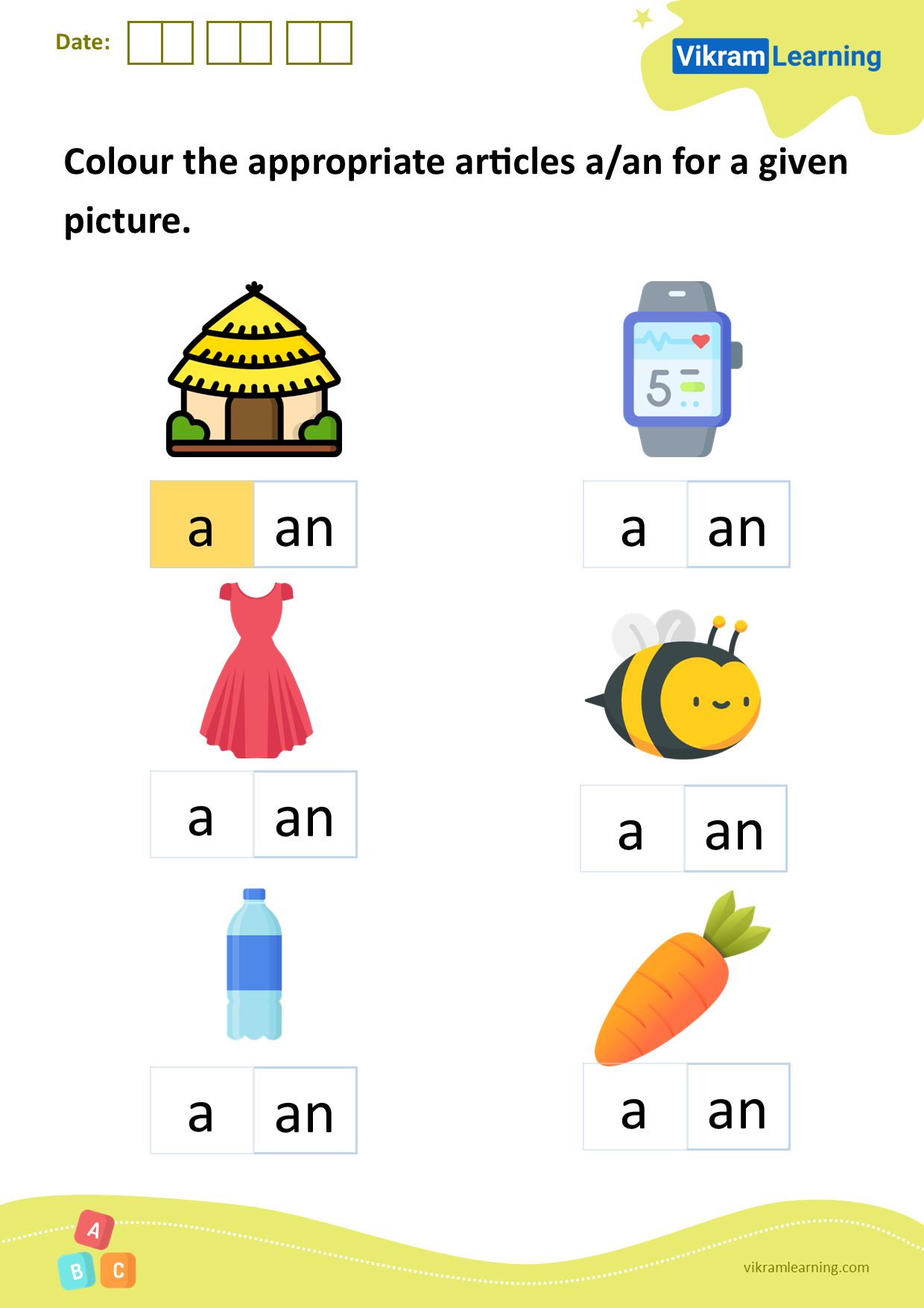 Download colour the appropriate articles a/an for a given picture worksheets