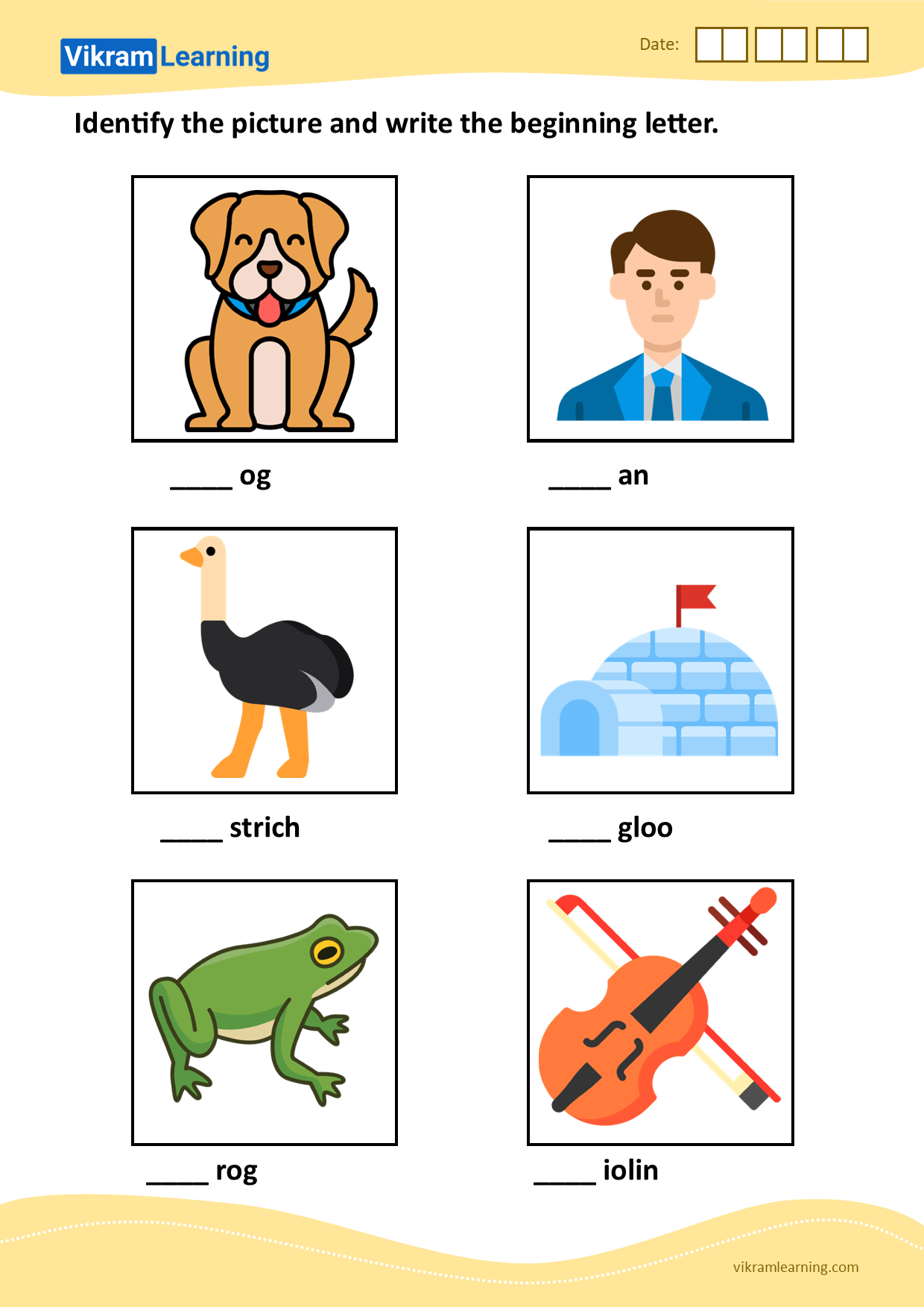 Download identify the picture and write the beginning letter - pattern 4 worksheets
