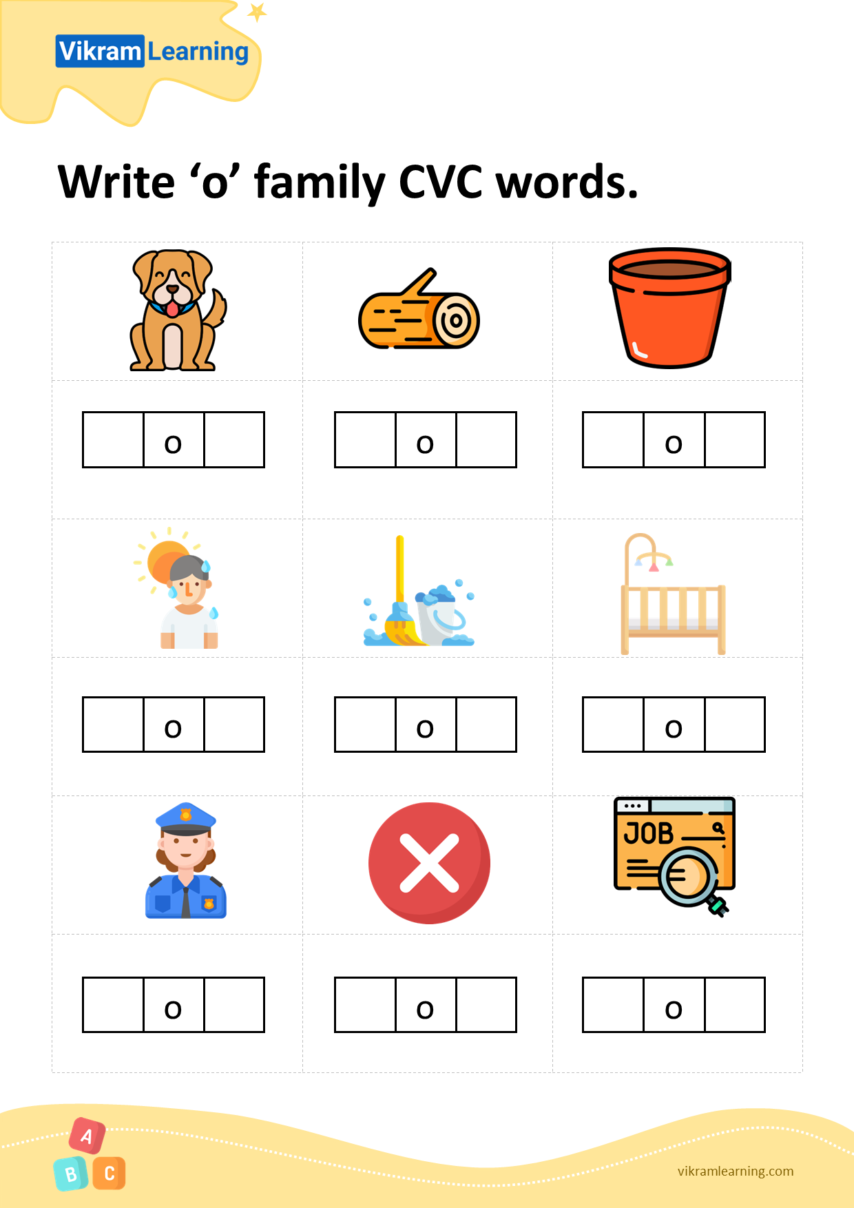 Download write 'o' family cvc words worksheets