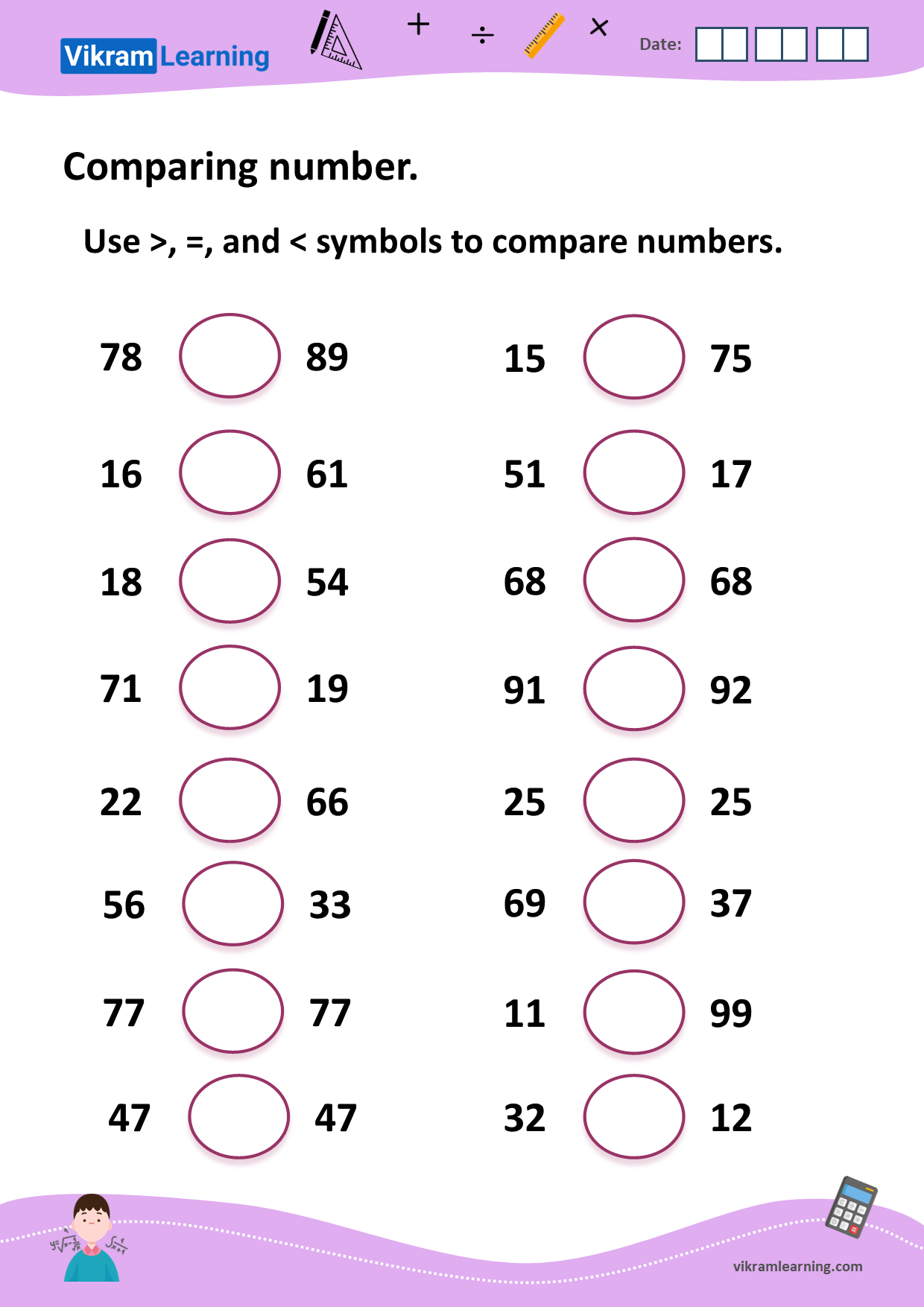 Download comparing numbers up to 100 worksheets | vikramlearning.com