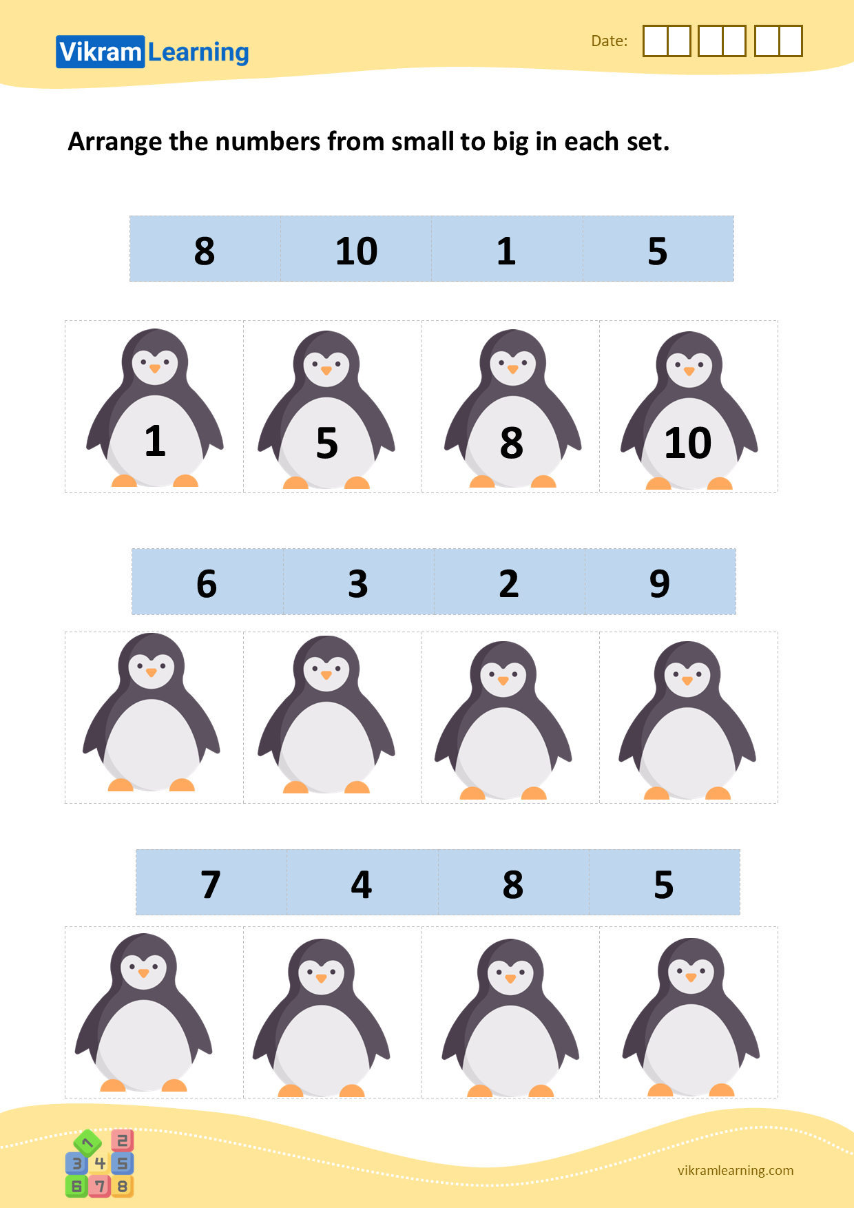 Download arrange the numbers from small to big in each set worksheets