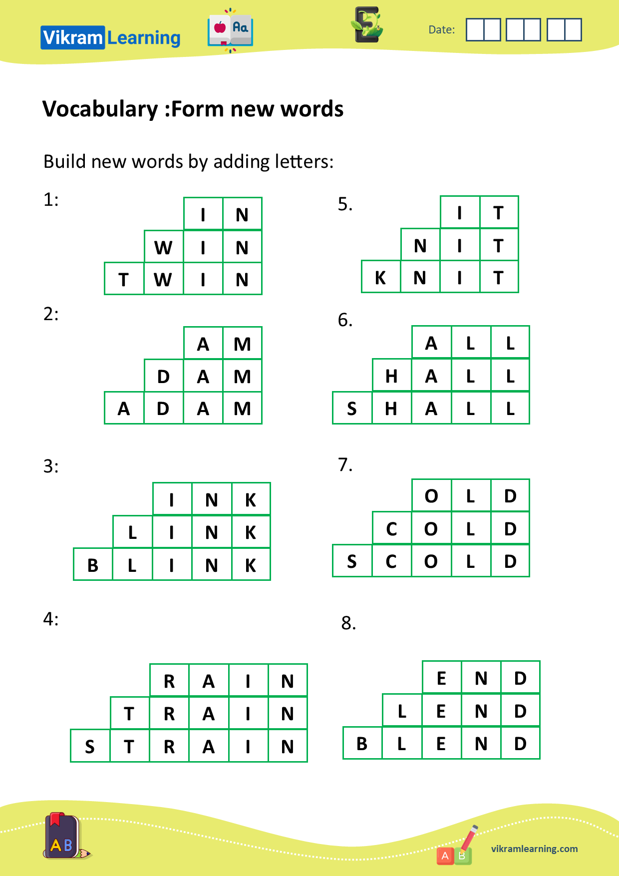 Download vocabulary: unscramble words, form new words, words ladder, forming new words by adding, removing, or replacing letters, build new words, example: in, win, twin, old, cold, scold, ray, pray, spray, etc. worksheets