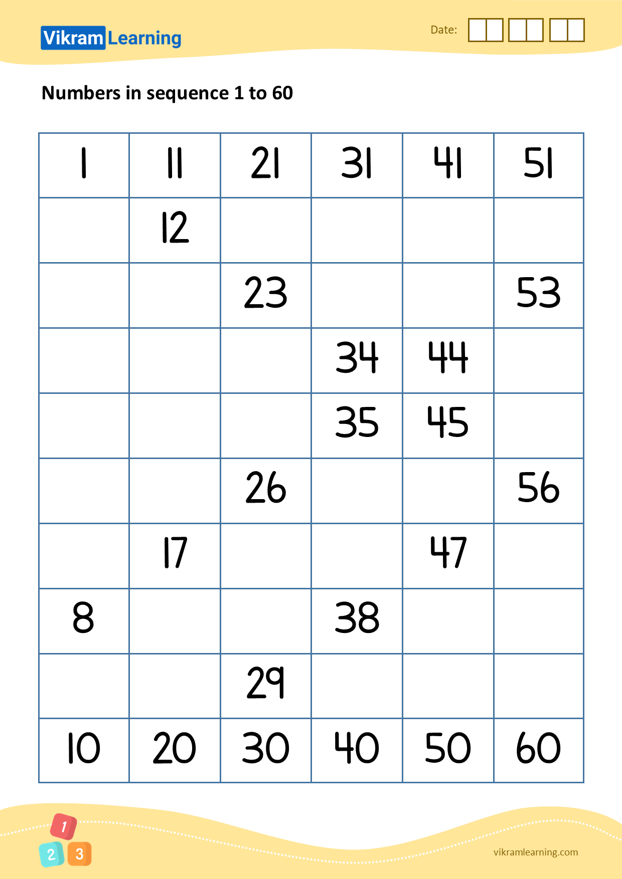 Download 04 - numbers in sequence 1 to 60 worksheets