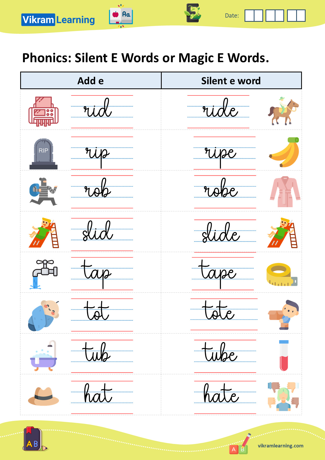 Download phonics silent e words or magic e words worksheets