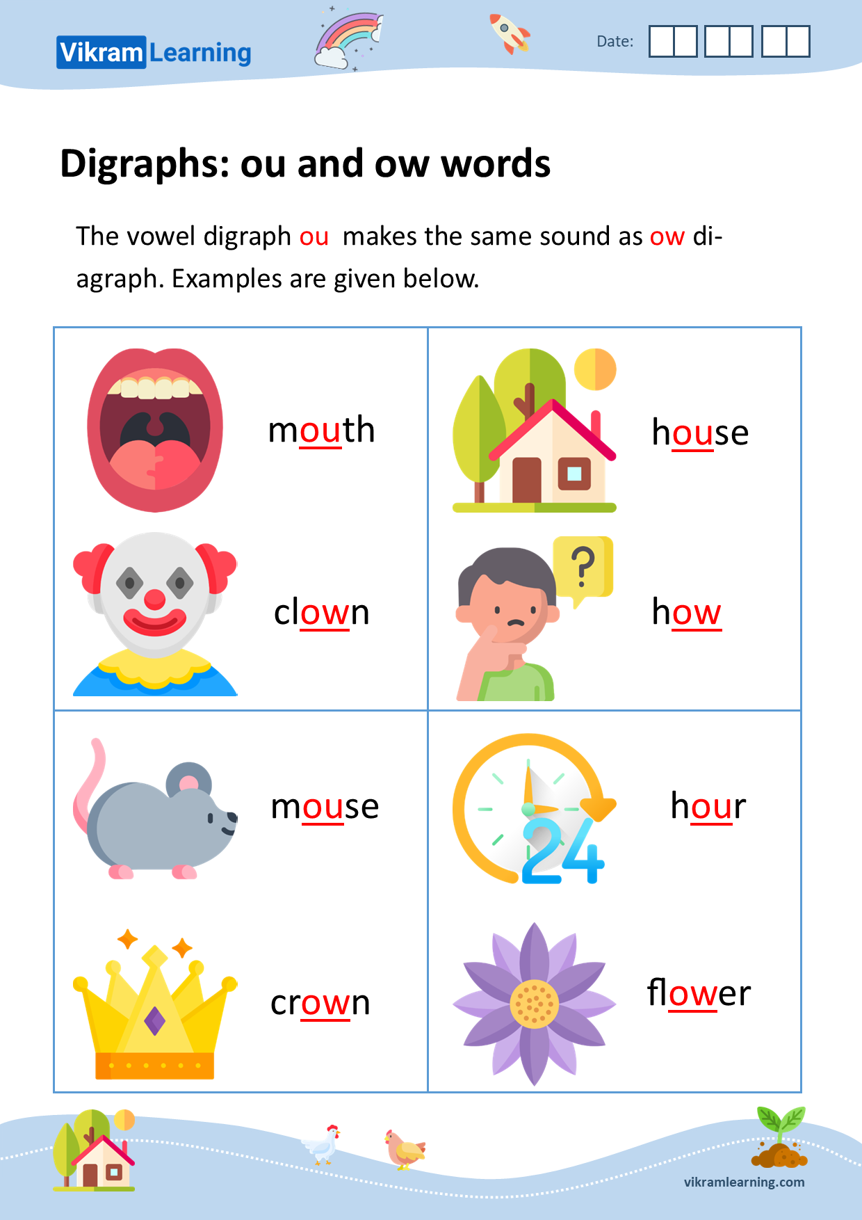 Download digraphs: ou and ow words worksheets