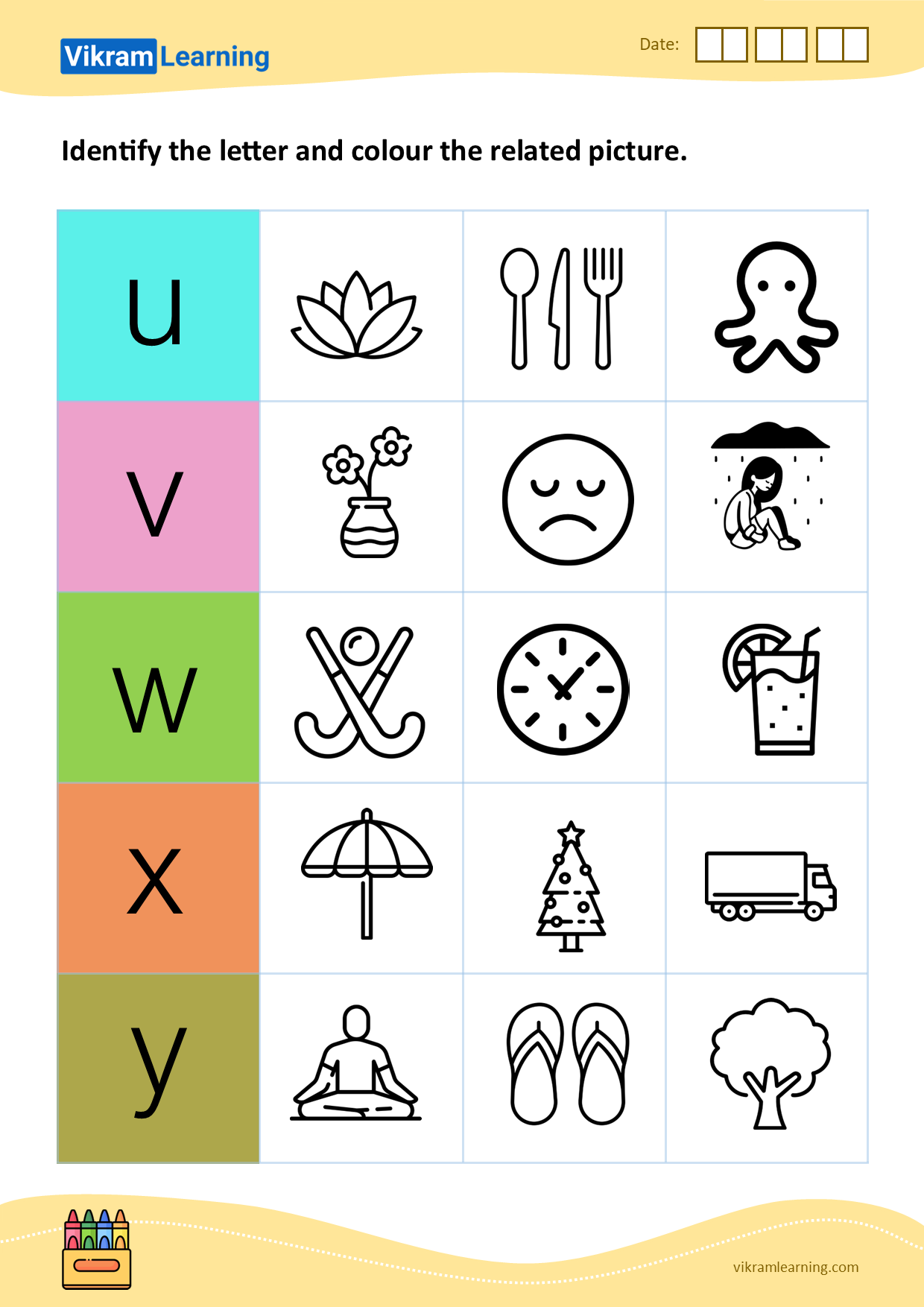 Download identify the letter and colour the related picture - pattern 21 worksheets