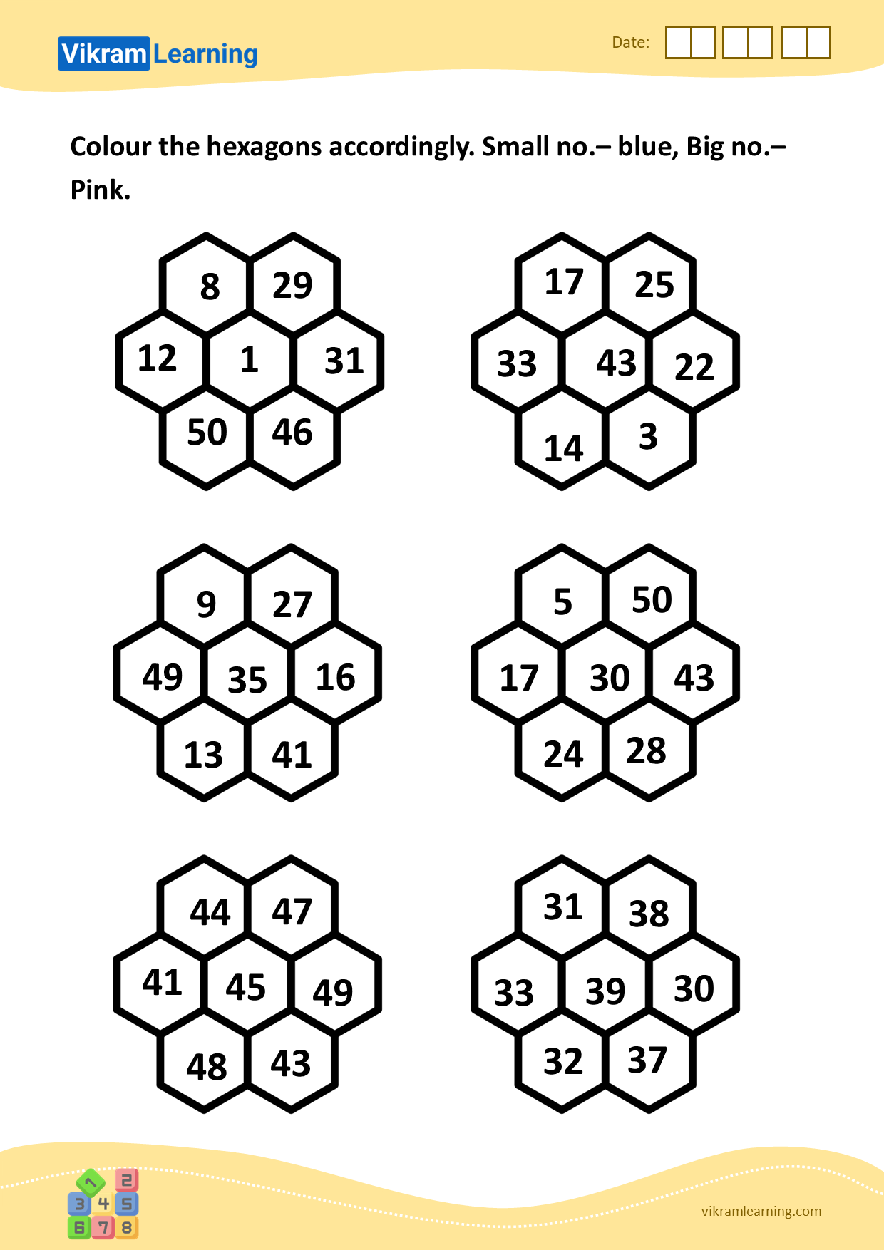 Download colour the hexagons accordingly. small no.– blue, big no.– pink worksheets