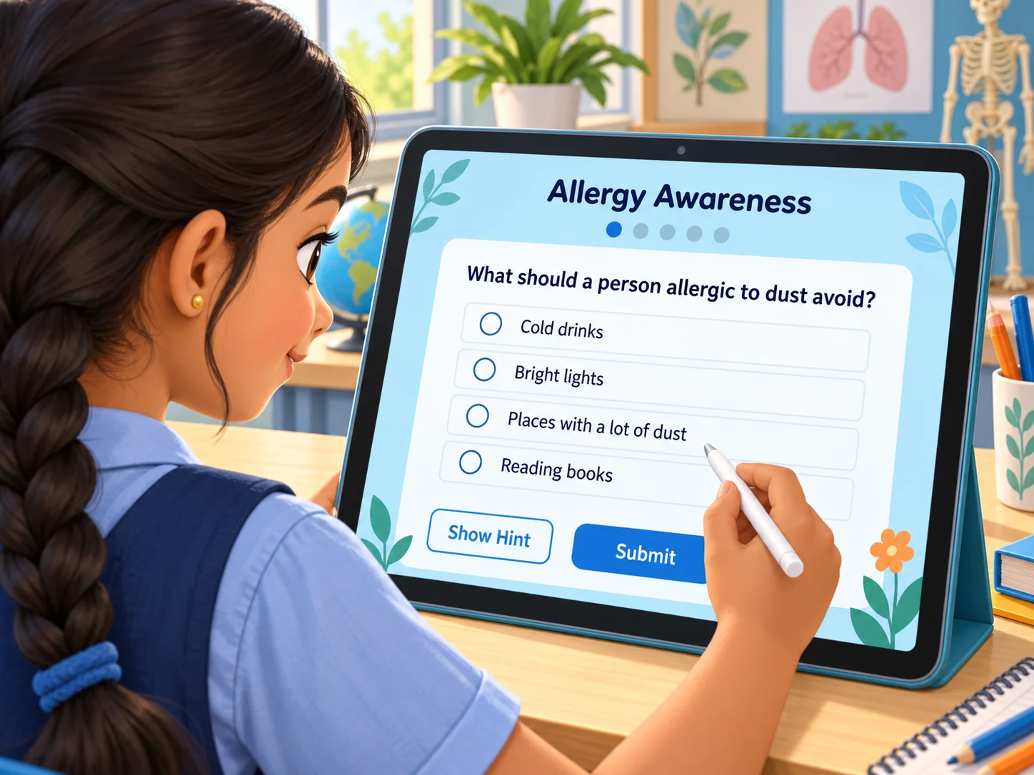A learner completing the Allergy Awareness live worksheet on a tablet