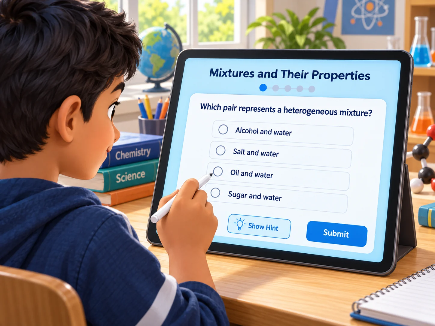 A learner completing the Mixtures and Their Properties live worksheet on a tablet