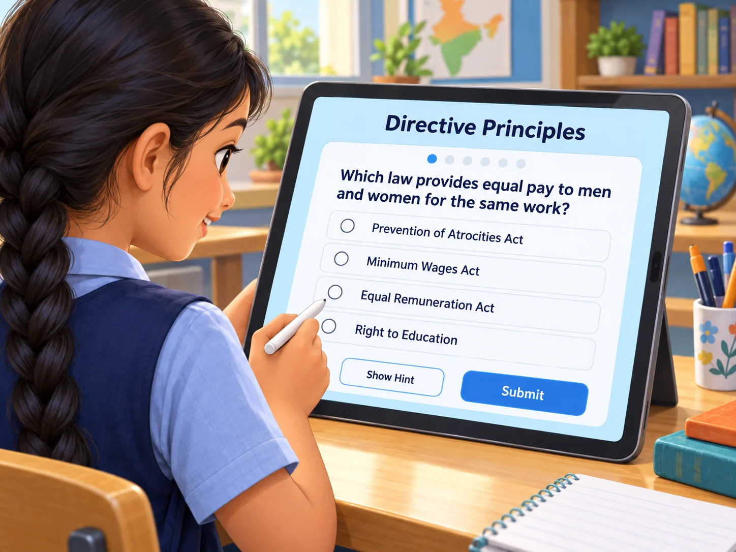A learner completing the Directive Principles live worksheet on a tablet