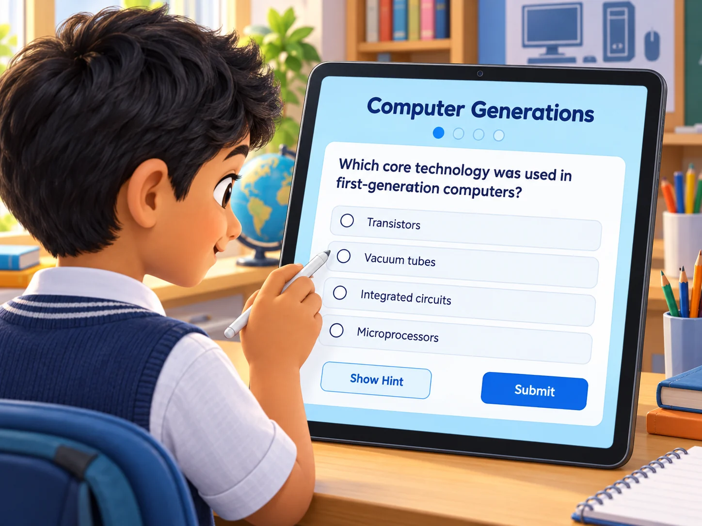 A learner completing the Computer Generations live worksheet on a tablet
