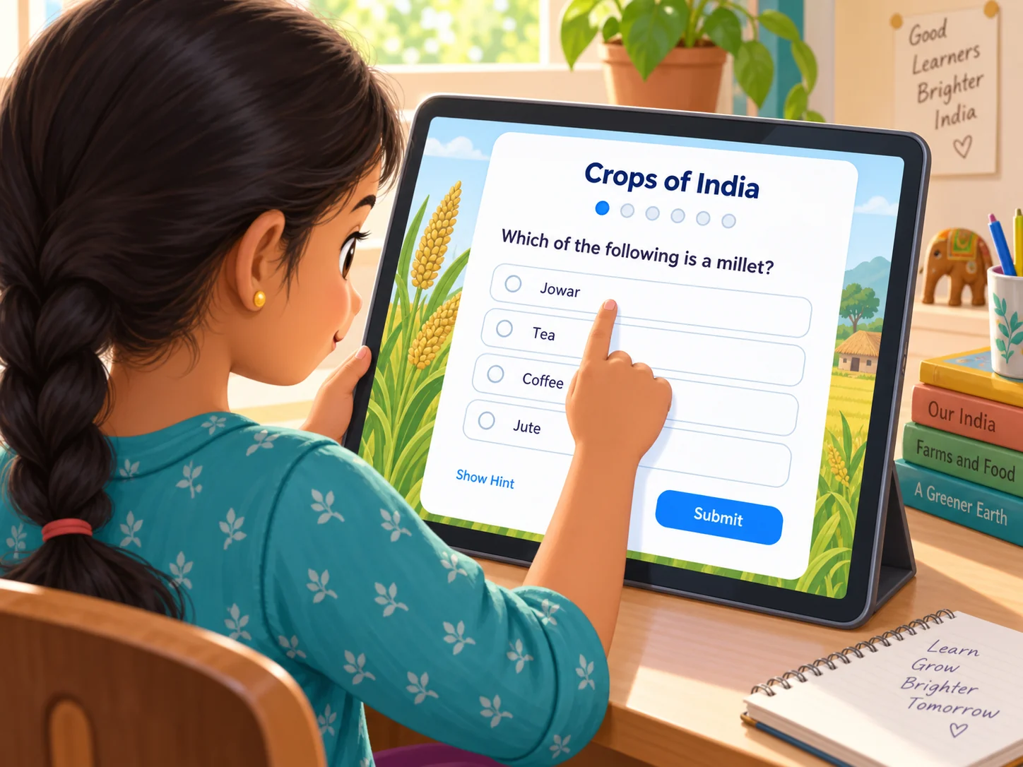 A learner completing the Crops of India live worksheet on a tablet