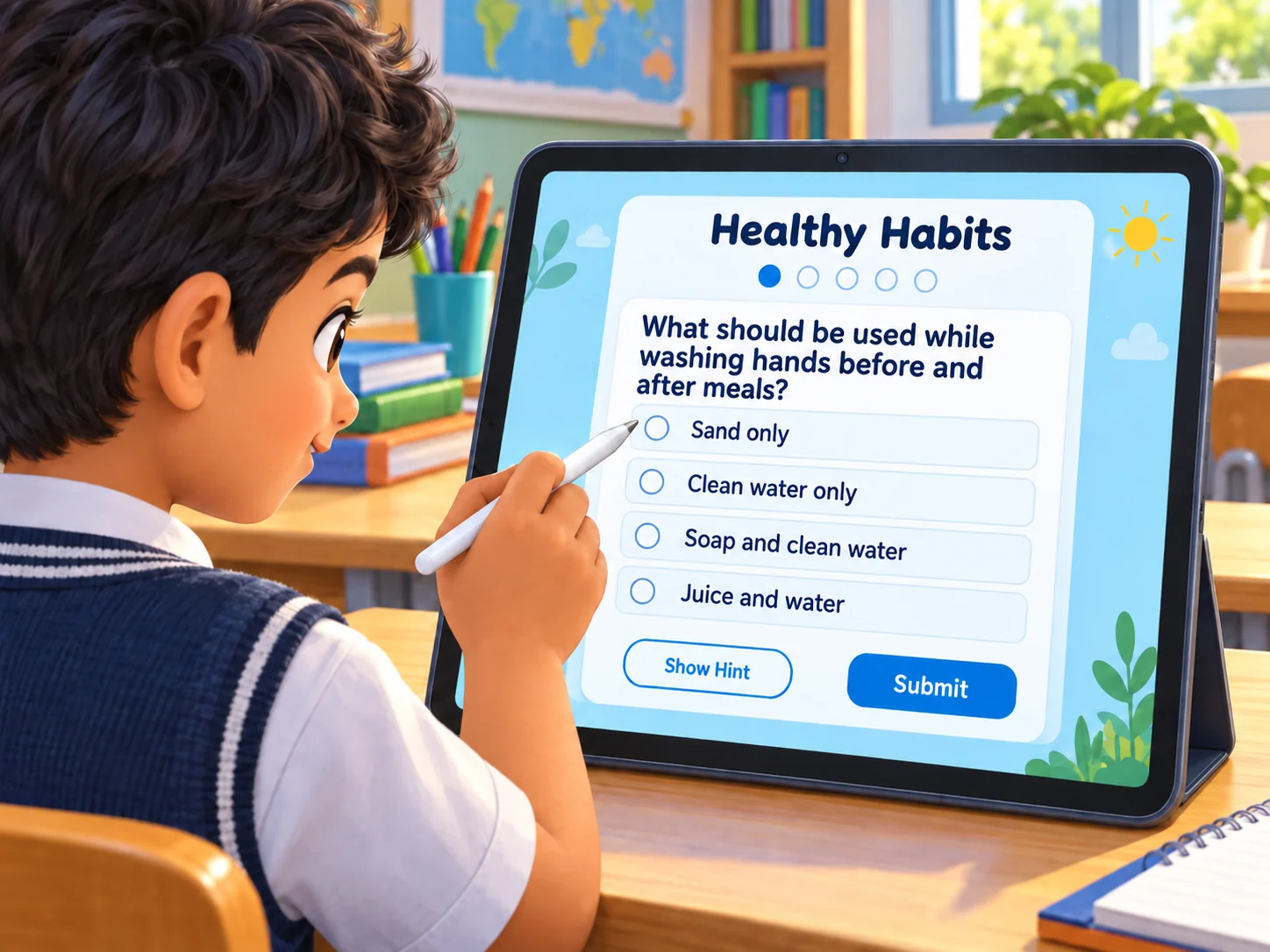 A learner completing the Healthy Habits live worksheet on a tablet