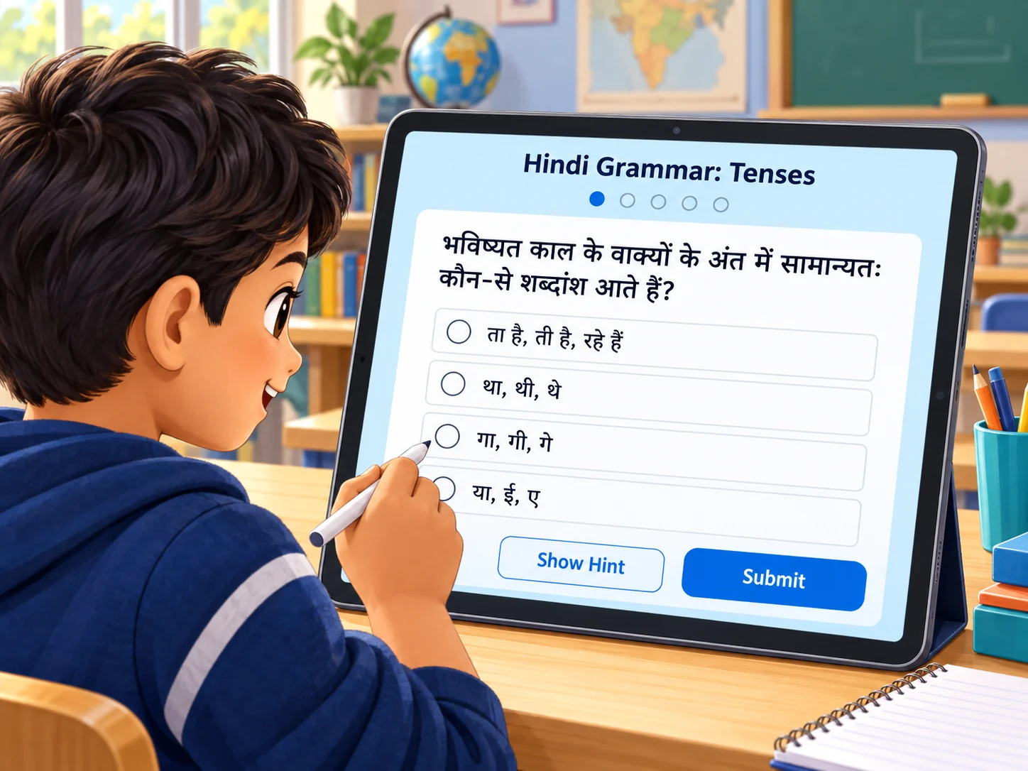 A learner completing the Hindi Grammar: Tenses live worksheet on a tablet