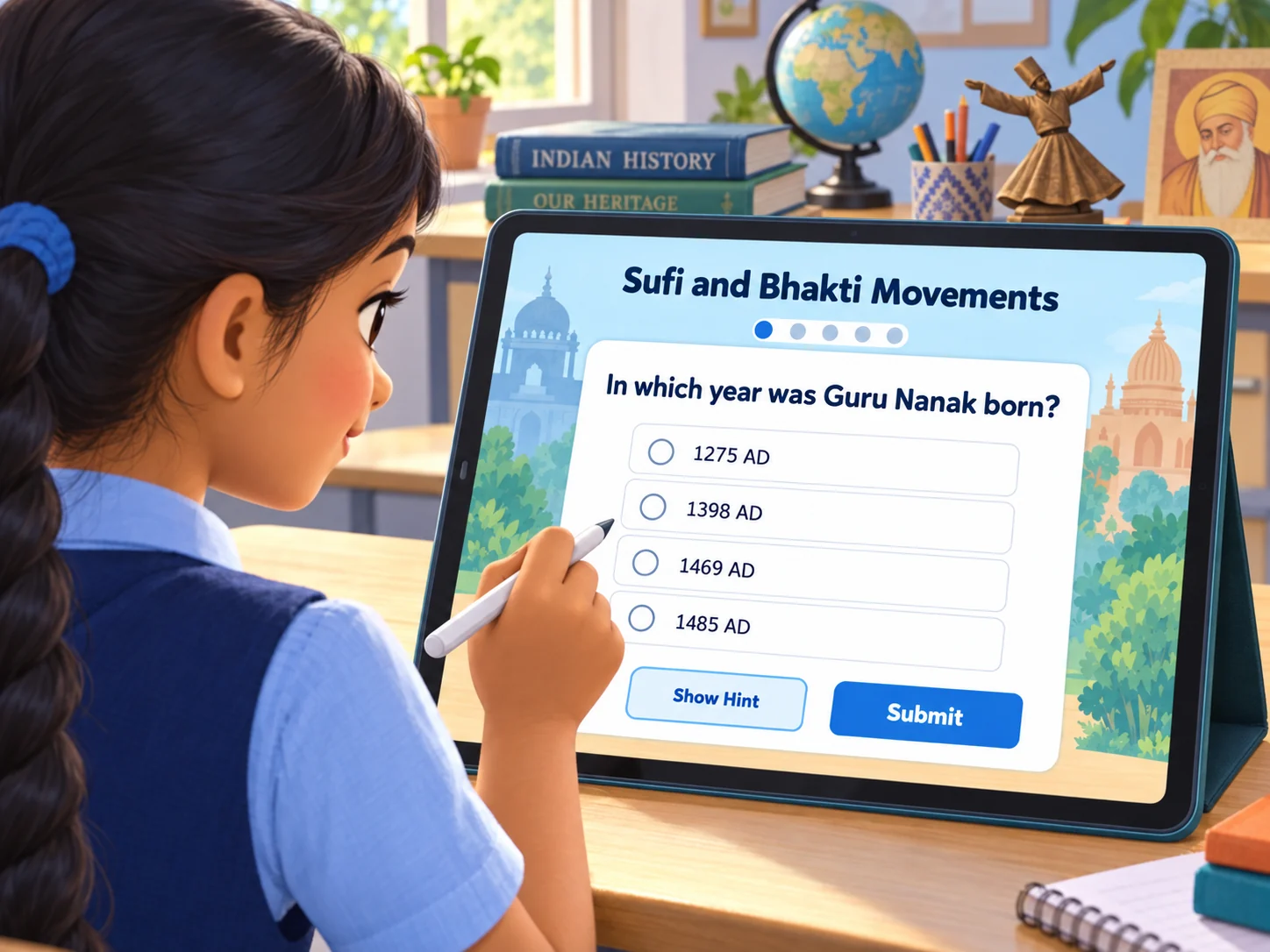 A learner completing the Sufi and Bhakti Movements live worksheet on a tablet
