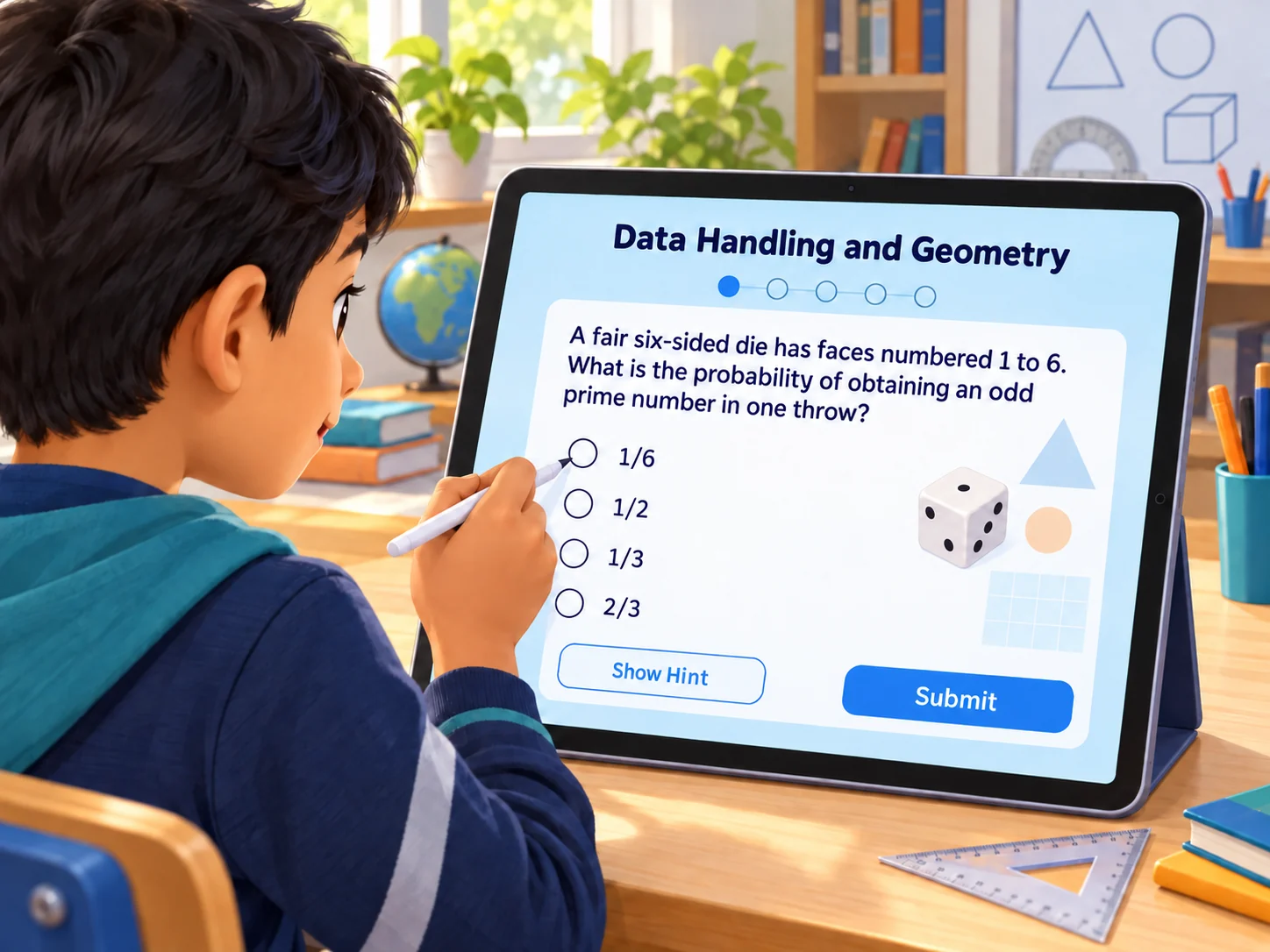 A learner completing the Data Handling and Geometry live worksheet on a tablet