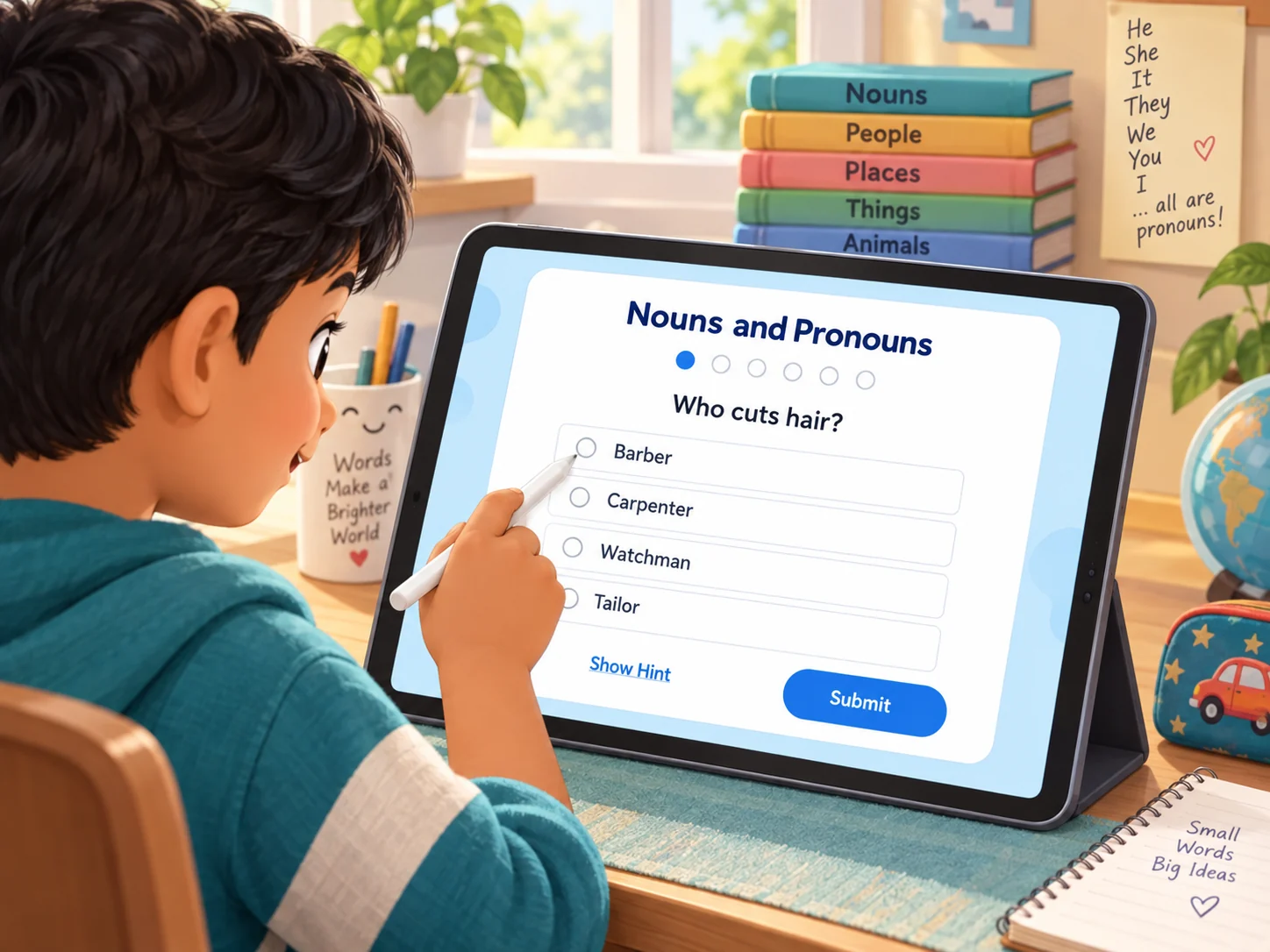 A learner completing the Nouns and Pronouns live worksheet on a tablet