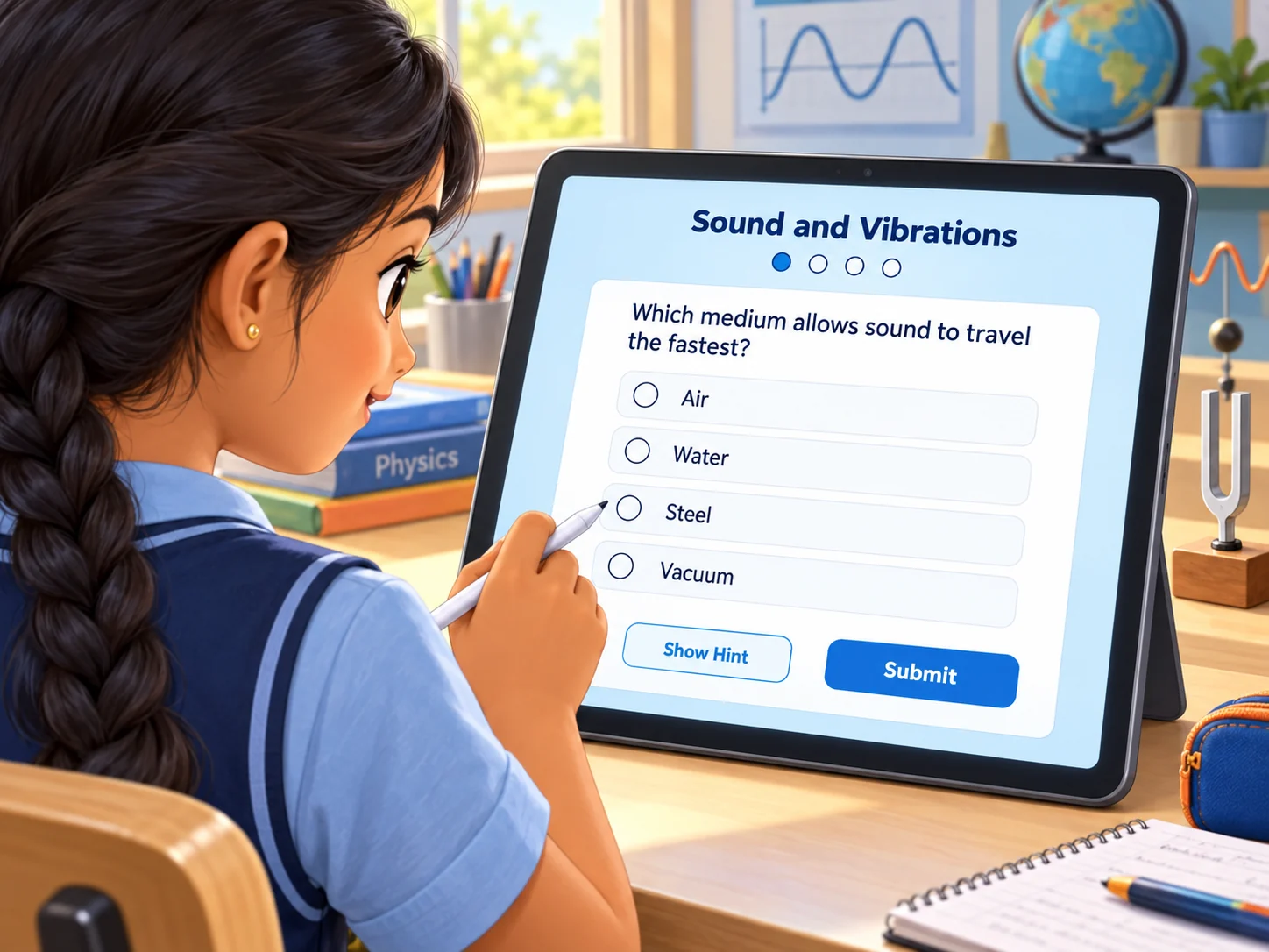 A learner completing the Sound and Vibrations live worksheet on a tablet