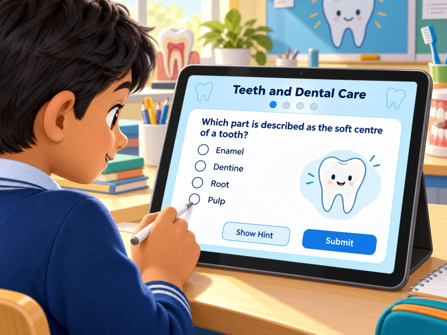 A learner completing the Teeth and Dental Care live worksheet on a tablet